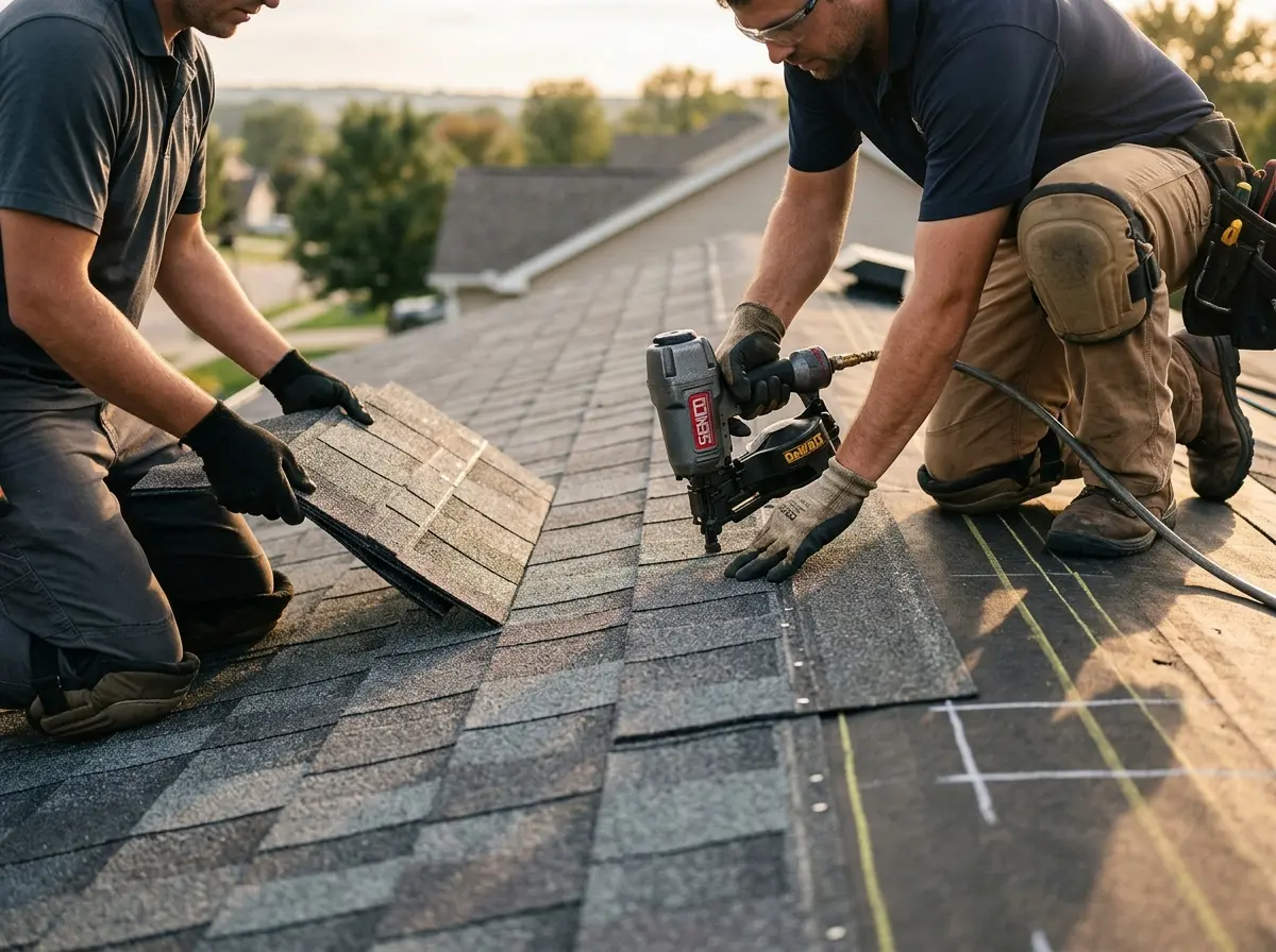 Professional roofer working on a residential roof in Rapho